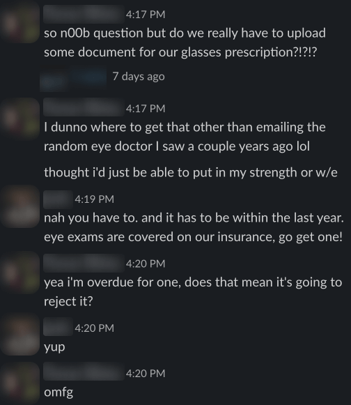 screenshot of slack messages about sending glasses perscription to buy the Vision Pro